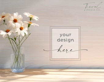 Wood Table & Flowers Background Product Mockup, Summer Daisies in a Glass Mockup Styled Stock Photography, JPG Instant Digital Download