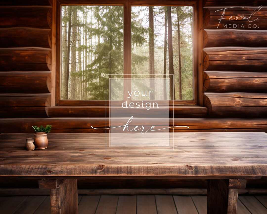 Rustic Cabin Wood Table, Forest Background Log Cabin Product Mockup ...