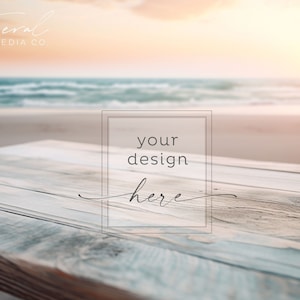 Beach Background Product Mockup, Wood Table Beachy Mockup Styled Stock Photography, JPG Instant Digital Download