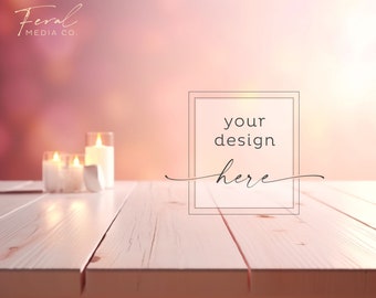 Soft Pink Background Product Mockup, Wood Table Candle Mockup Styled Stock Photography, JPG Instant Digital Download