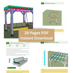May include: A colorful pergola design with a swing and seating area, featuring a multi-colored roof and support beams. The image includes diagrams and instructions for assembly, with the text "28 Pages PDF Instant Download".