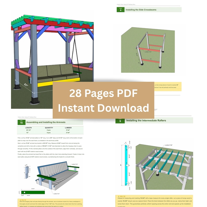 May include: A colorful pergola design with a swing and seating area, featuring a multi-colored roof and support beams. The image includes diagrams and instructions for assembly, with the text "28 Pages PDF Instant Download".