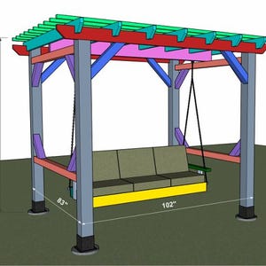 May include: A colorful wooden swing set with a pergola-style roof. The structure is painted in shades of blue, red, green, purple, and yellow. The swing seat is 102 inches wide, 83 inches deep, and 102 inches tall.