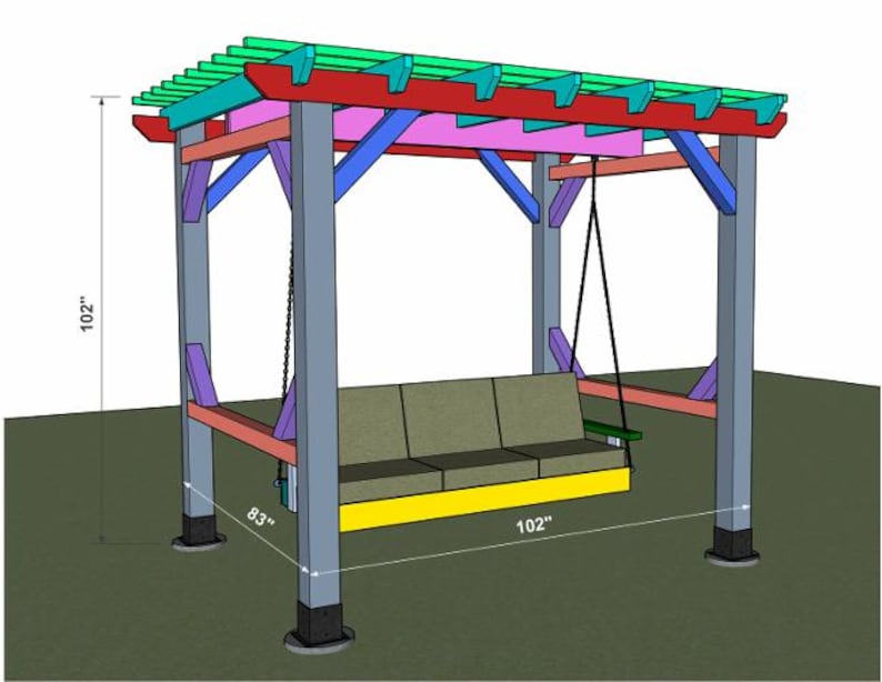 May include: A colorful wooden swing set with a pergola-style roof. The structure is painted in shades of blue, red, green, purple, and yellow. The swing seat is 102 inches wide, 83 inches deep, and 102 inches tall.
