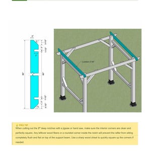 May include: Diagram of a DIY arbor swing project, step 7, installing outer rafters. The diagram shows the dimensions of the rafter pieces, including 3-inch deep notches. The arbor frame is shown with teal-colored rafters. Text reads: "Lumber 2"x6".