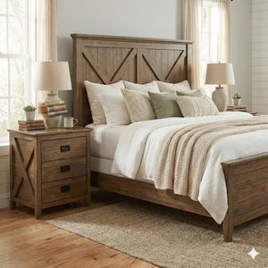 May include: A bedroom set featuring a wooden bed frame with a headboard, two nightstands, and a rug. The bed is made with white bedding, decorative pillows, and a beige throw blanket. The nightstands have lamps, books, and small plants.