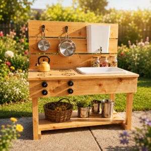 Planos para cocina de barro, planos de carpintería para cocina de juegos al aire libre, planos de construcción imprimibles en PDF para cocina de barro infantil, proyecto Montessori para el patio trasero