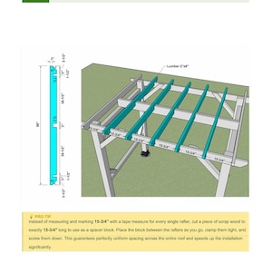 May include: Diagram of an arbor swing construction project, step 9, installing intermediate rafters. The image includes a detailed diagram with measurements in inches, and a 3D rendering of the arbor frame with blue-painted rafters. Text provides a pro tip for spacing.