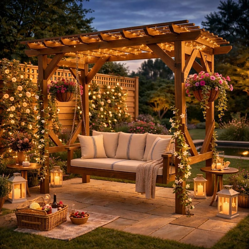 May include: A wooden swing set with a pergola roof, adorned with string lights, creates a cozy outdoor seating area. Beige cushions with blue stripes and hanging flower baskets add to the inviting ambiance. A picnic basket and lanterns complete the scene.