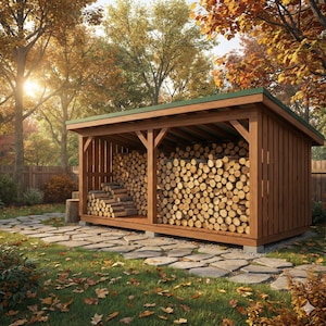 Può includere: Un capanno in legno per la legna da ardere con tetto verde, pieno di tronchi impilati. Il capanno è situato su un sentiero di pietra in un giardino erboso, circondato da alberi con fogliame autunnale.