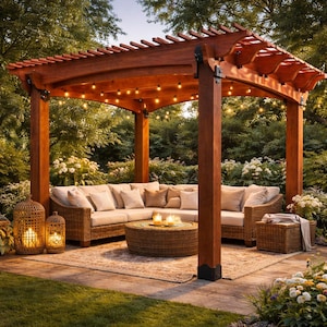 12x14 DIY Pergola Pläne mit Bogenstrahlmuster, DIY Holzbearbeitung Build Guide | Schnittliste, Materialien, Schritt-für-Schritt PDF Download