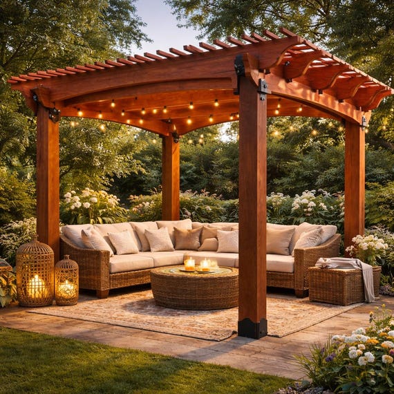 12x14 DIY Pergola Plans with Arched Beam Pattern, DIY Woodworking Build Guide | Cut List, Materials, Step-by-Step PDF Download