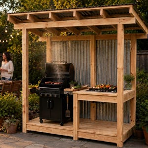 May include: An outdoor wooden grill station featuring a natural timber frame, a corrugated metal roof, and a matching metal back panel. The structure includes a black gas grill on the left and a wooden prep counter on the right with a lower shelf.