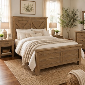 Queen Farmhouse Bed Plans PDF, X Barn Door Bed Frame Woodworking Plans, DIY Platform Bed Blueprint, Digital Download