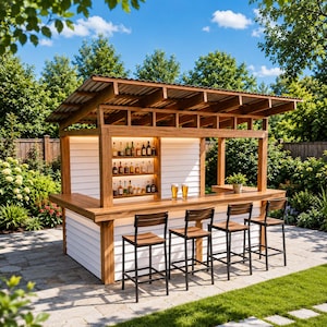 May include: An outdoor wooden bar structure with a corrugated metal roof, white horizontal siding, and integrated shelving displaying various glass bottles. Four wooden bar stools with black metal frames are positioned in front of the counter.