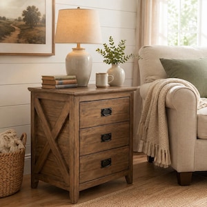 May include: A wooden nightstand featuring three drawers with black metal pull handles and an X-shaped side panel design. The top surface holds a ceramic table lamp with a beige shade, a stack of three books, and a small ceramic mug.