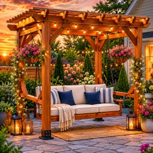 May include: A wooden pergola with a swing bench, adorned with hanging flower baskets and string lights. The bench has beige cushions, navy blue pillows, and a fringed throw. Lanterns with candles sit on the stone patio, creating a cozy outdoor living space.