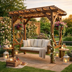 Op de afbeelding: Een houten schommel met een pergola-dak, versierd met lichtslingers en hangende bloembakken. De schommel heeft crèmekleurige kussens met blauwe strepen en een beige deken. Een picknickmand en lantaarns staan op het stenen terras.