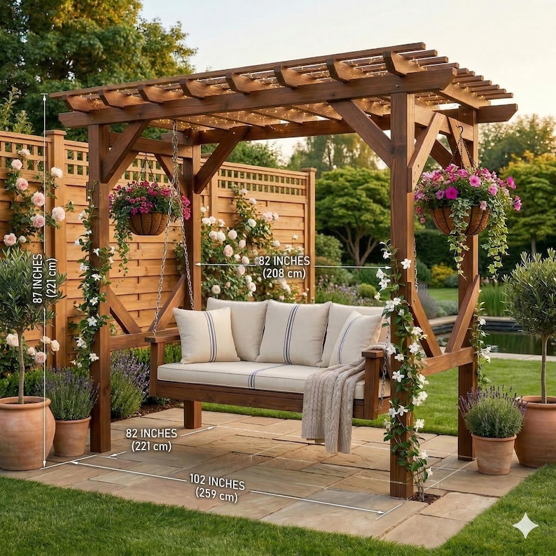 May include: A wooden pergola with a swing bench, surrounded by climbing plants and potted flowers. The swing bench has cream cushions with blue stripes. The pergola is 87 inches (221 cm) tall, 82 inches (208 cm) wide, and 102 inches (259 cm) long.