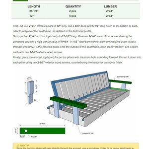 May include: Diagram of an outdoor arbor swing with instructions for assembling and installing the armrests. The diagram includes measurements in inches for the lumber pieces, including 25 1/2" and 12" lengths. The armrests are green.