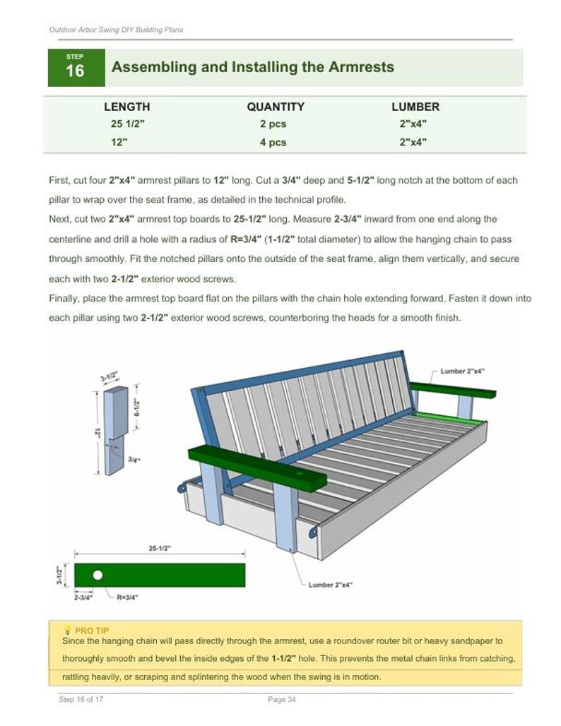 May include: Diagram of an outdoor arbor swing with instructions for assembling and installing the armrests. The diagram includes measurements in inches for the lumber pieces, including 25 1/2" and 12" lengths. The armrests are green.