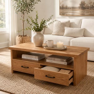 May include: A rectangular light oak coffee table featuring two drawers with black metal handles and an open storage shelf. The tabletop holds a ceramic vase with green foliage, a white mug, and a candle on a tray, with books stacked below.