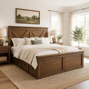 May include: A king-sized wooden bed frame with a dark brown finish, featuring a headboard with a cross-brace design and integrated storage drawers in the base. The bed is dressed with white linens, a cream-colored throw blanket, and several pillows.