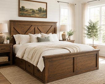 King Farmhouse Storage Bed Plans PDF, Barn Door X Bed Frame with 6 Drawers, DIY Woodworking Plans, Digital Download
