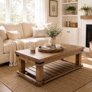 May include: A rectangular wooden coffee table with a lower slatted shelf and black metal corner accents. The table surface holds a round wooden tray containing a ceramic vase with greenery, a small white bowl, a stack of books, and a mug.