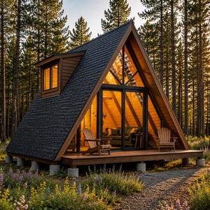 Puede incluir: Una cabaña en forma de A con techo de tejas oscuras y revestimiento de madera, que cuenta con una gran pared frontal de cristal, una terraza de madera con dos sillas y una pequeña ventana lateral, situada en un claro del bosque soleado.
