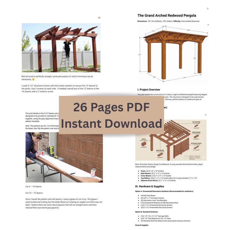 12x14 DIY Pergola Plans with Arched Beam Pattern, DIY Woodworking Build Guide | Cut List, Materials, Step-by-Step PDF Download image 6