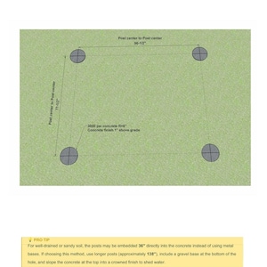 May include: Diagram of a DIY arbor swing plan, showing four circular post placements on a green background. Dimensions are labeled, including 96-1/2 inches and 77-1/2 inches. Text includes a pro tip about post installation.
