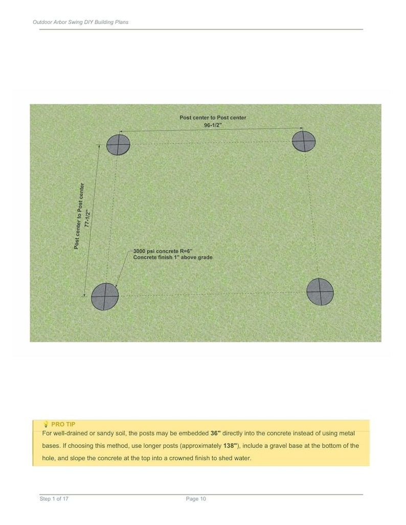 May include: Diagram of a DIY arbor swing plan, showing four circular post placements on a green background. Dimensions are labeled, including 96-1/2 inches and 77-1/2 inches. Text includes a pro tip about post installation.