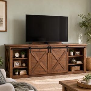 May include: A long brown wooden media console featuring two central sliding barn-style doors with an X-pattern design, black metal hardware, and open shelving on both sides. The unit supports a large flat-screen television on its top surface.