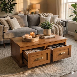 May include: A wooden coffee table with two open drawers, showcasing magazines and remote controls. The table has a warm, natural wood finish and brass handles. Candles and a plant sit on top, with a gray sofa and rug in the background.