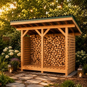 May include: A wooden firewood storage shed with a green corrugated metal roof. The shed is filled with neatly stacked logs. The structure is outdoors, surrounded by greenery and a stone pathway, with a lantern on either side.