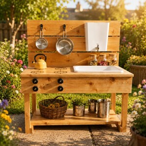 Op de afbeelding: Een houten speelkeuken voor buiten met een gootsteen, een gele waterkoker, twee metalen pannen aan haken, een witte waterdispenser, vier zwarte knoppen en een onderste plank met een rieten mand en twee metalen emmers.