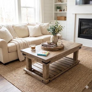 May include: A living room scene featuring a light-colored sofa with throw pillows and a blanket. A wooden coffee table with a lower shelf holds books, a tray with decor, and a mug. A jute rug and a fireplace complete the cozy setting.