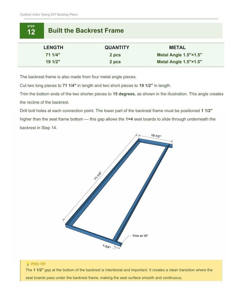 May include: Diagram of a backrest frame for an outdoor arbor swing. The frame is constructed from metal angle pieces. The diagram includes measurements: 71 1/4 inches and 19 1/2 inches. The text reads "Built the Backrest Frame."