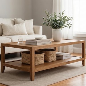 Op de afbeelding: Een rechthoekige houten salontafel met een onderste plank, met twee geweven manden. De bovenkant toont boeken, een kleine kom en een witte vaas met groen. Een beige bank is op de achtergrond te zien.