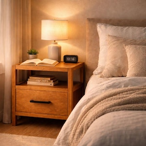 May include: A wooden nightstand with a drawer and a lower shelf. A lamp with a white shade sits on top, illuminating a small succulent, an open book, and a digital clock displaying 10:16. The bed has white bedding and decorative pillows.