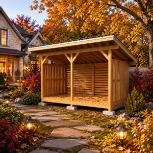 May include: A wooden firewood storage shed featuring a slanted corrugated metal roof, open front, and slatted side walls. The structure is elevated on concrete blocks and positioned in a garden setting with a stone pathway and autumn foliage.