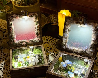 Caja de música con mariposa y arena movediza de cielo estrellado encantado, diorama floral morado hecho a mano, regalo estilo Fairycore Cottagecore