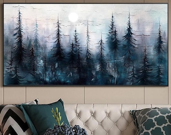 Abstract Pine Forest Oil Painting On Canvas, Large Original Textured Dark Teal & Soft White Tree Landscape Wall Art,Custom Modern Home Decor