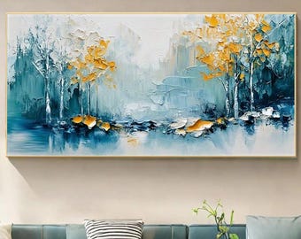Abstract Forest Landscape Painting on Canvas,3D Textured Teal & Yellow Tree Wall Decor,Custom Boho Nature Home Decor for Living Room