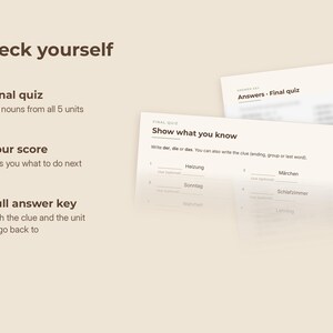 May include: A beige educational document titled Check yourself featuring a Final quiz with 40 nouns, a Your score section, and a Full answer key. Two overlapping white sheets show the text Final quiz, Show what you know, and German nouns.