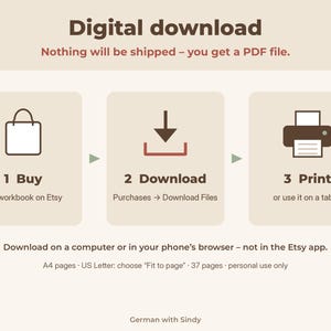 May include: A digital download instruction graphic with three steps: 1 Buy, 2 Download, and 3 Print. Icons include a shopping bag, a download arrow, and a printer. Text includes 'Digital download', 'Nothing will be shipped', and 'German with Sindy'.