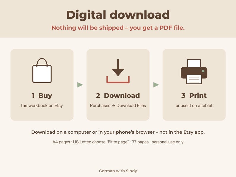 May include: A digital download instruction graphic with three steps: 1 Buy, 2 Download, and 3 Print. Icons include a shopping bag, a download arrow, and a printer. Text includes 'Digital download', 'Nothing will be shipped', and 'German with Sindy'.