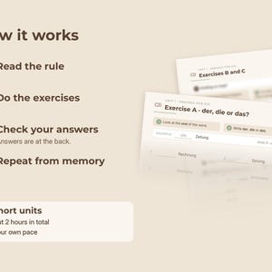 May include: An educational instructional graphic titled How it works with four numbered steps: Read the rule, Do the exercises, Check your answers, and Repeat from memory. Below, a box states 5 short units, About 2 hours in total, At your own pace. Two exercise sheets are visible.