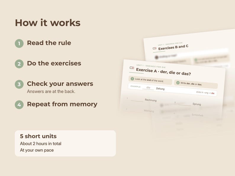 May include: An educational instructional graphic titled How it works with four numbered steps: Read the rule, Do the exercises, Check your answers, and Repeat from memory. Below, a box states 5 short units, About 2 hours in total, At your own pace. Two exercise sheets are visible.
